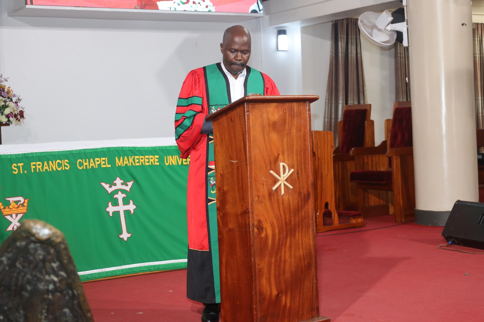 Dr. Robert Robert Kakuru delivers his message. Funeral service in honour of Dr. Brian Semujju-Senior Lecturer, Department of Journalism and Communication, School of Languages Literature and Communication, College of Humanities and Social Sciences (CHUSS), 5th August 2025, St. Francis Chapel, Makerere University, Kampala Uganda, East Africa.