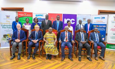 Seated Left to Right: Dr. Richard Newfarmer, Dr. Jonathan Leape, Dr. Sarah Sewanyana, Prof. Barnabas Nawangwe, Prof. Ibrahim Mike Okumu and Prof. James Wokadala with other officials (Standing) after the MoU signing on 27th August 2025. Makerere University, through the College of Business and Management Sciences (CoBAMS) and the Economic Policy Research Centre (EPRC), has signed an open Memorandum of Understanding (MoU) with the London School of Economics and Political Science (LSE), 27th August 2025, Kampala Uganda, East Africa.