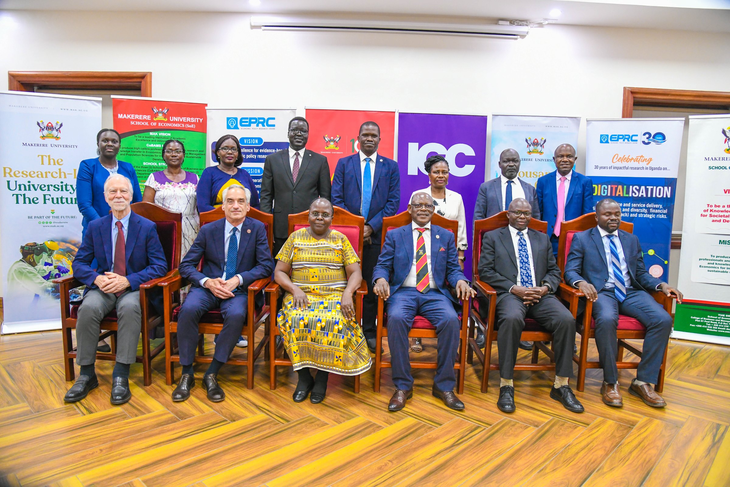 Seated Left to Right: Dr. Richard Newfarmer, Dr. Jonathan Leape, Dr. Sarah Sewanyana, Prof. Barnabas Nawangwe, Prof. Ibrahim Mike Okumu and Prof. James Wokadala with other officials (Standing) after the MoU signing on 27th August 2025. Makerere University, through the College of Business and Management Sciences (CoBAMS) and the Economic Policy Research Centre (EPRC), has signed an open Memorandum of Understanding (MoU) with the London School of Economics and Political Science (LSE), 27th August 2025, Kampala Uganda, East Africa.
