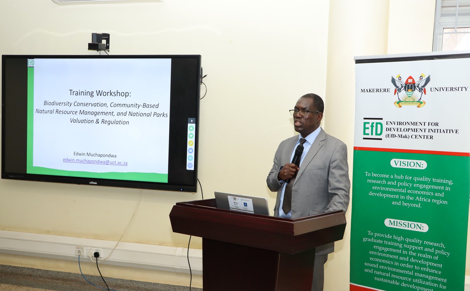Prof. Mchapodwa delivering the lecture at EfD Uganda. Two-day high-level training for 40 Ugandan government officials on biodiversity conservation, community-based natural resource management, and economic valuation of national parks Organized by EfD Uganda, 20th-21st August 2025, Makerere University, Kampala Uganda, East Africa.