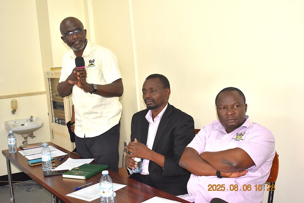 Dr. Arthur Batte (L) addressing students about the Department of Geology and Petroleum Studies. College of Natural Sciences (CoNAS) orientation ceremony to acquaint new students with College structures, academic programmes, services, and, its contribution to the University’s core functions, 6th August 2025, JICA Building, Makerere University, Kampala Uganda, East Africa.