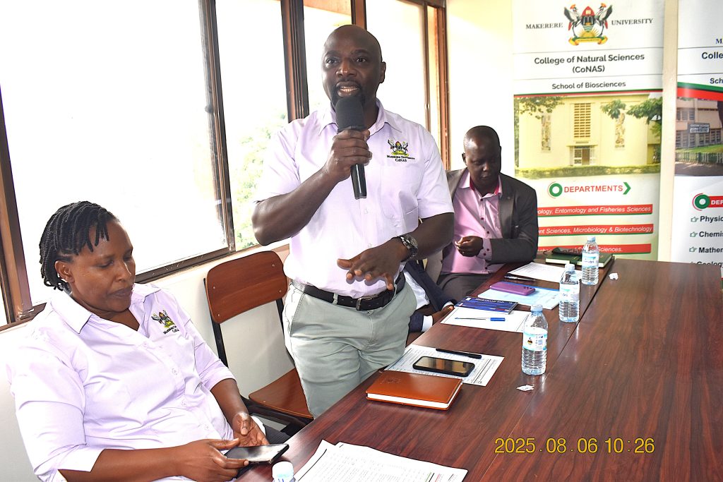 Dr Emmanuel Tebandeke addressing the students about the programmes in the Department of Chemistry. College of Natural Sciences (CoNAS) orientation ceremony to acquaint new students with College structures, academic programmes, services, and, its contribution to the University’s core functions, 6th August 2025, JICA Building, Makerere University, Kampala Uganda, East Africa.