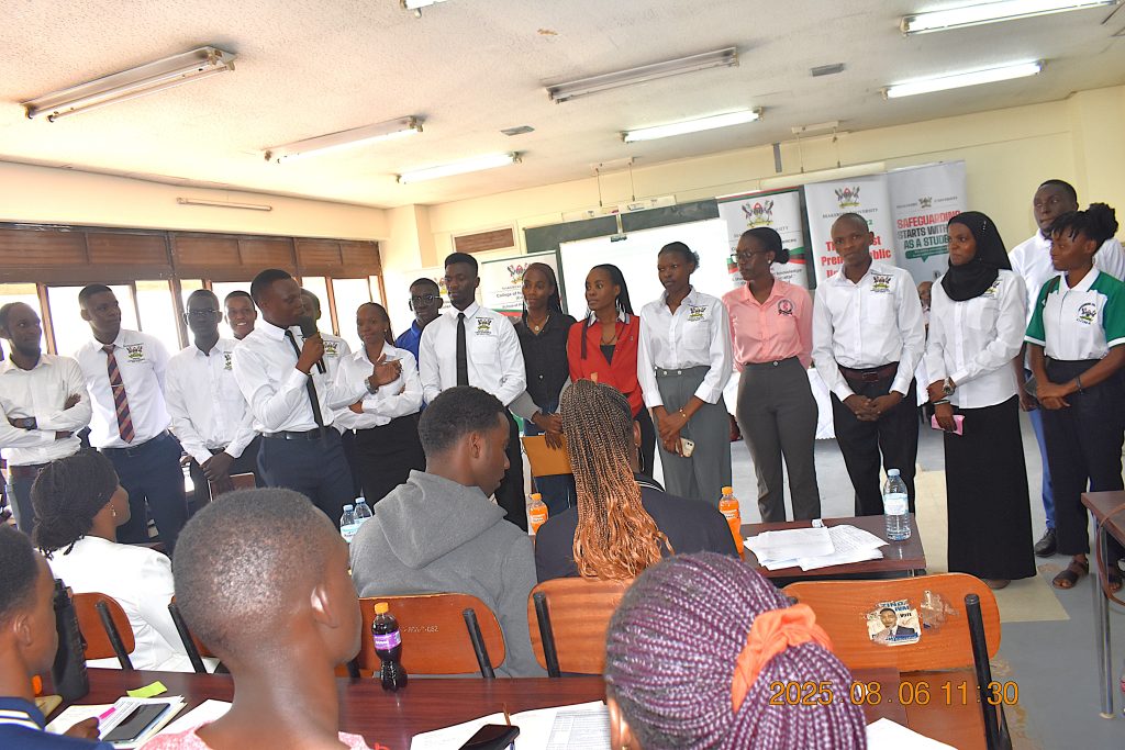 Mr James Muhwezi, on behalf of student leaders at CoNAS briefed students about life on Campus. College of Natural Sciences (CoNAS) orientation ceremony to acquaint new students with College structures, academic programmes, services, and, its contribution to the University’s core functions, 6th August 2025, JICA Building, Makerere University, Kampala Uganda, East Africa.