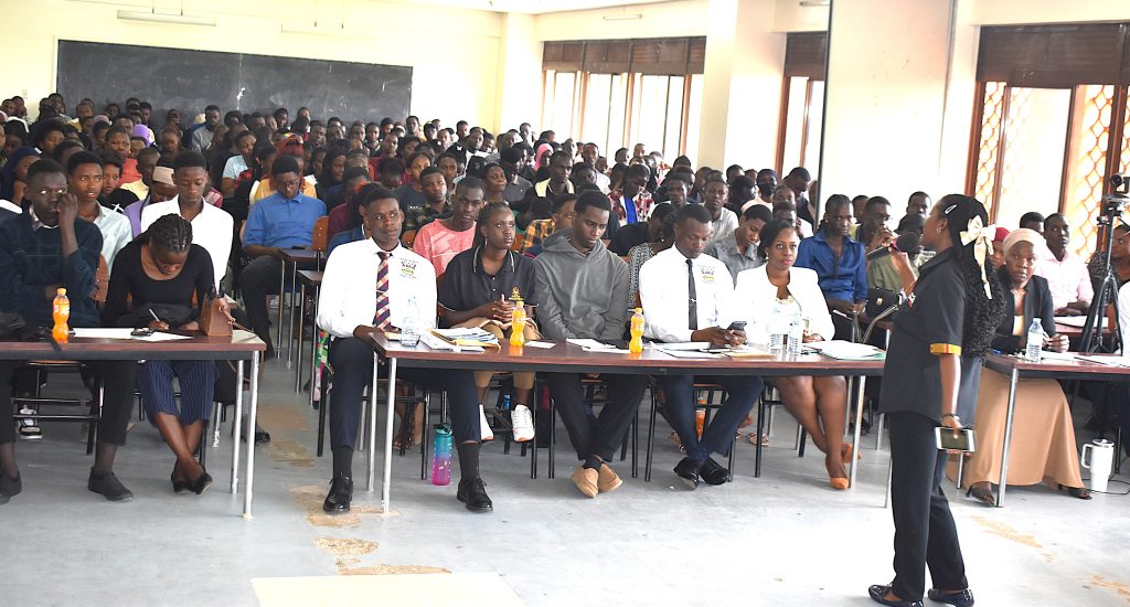 Ms. Britah Kemigisha, a prospective BSc. Conservation Biology graduand briefing students on how to plan for a good CGPA. College of Natural Sciences (CoNAS) orientation ceremony to acquaint new students with College structures, academic programmes, services, and, its contribution to the University’s core functions, 6th August 2025, JICA Building, Makerere University, Kampala Uganda, East Africa.