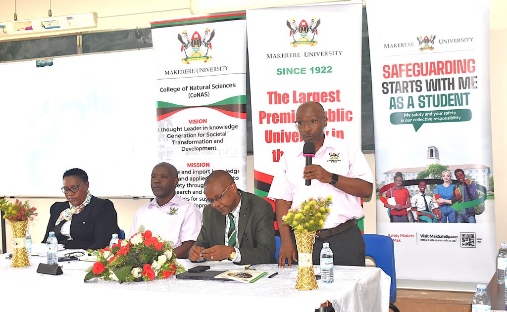 The Dean, School of Biosciences, Prof. Arthur Tugume addressing the students. College of Natural Sciences (CoNAS) orientation ceremony to acquaint new students with College structures, academic programmes, services, and, its contribution to the University’s core functions, 6th August 2025, JICA Building, Makerere University, Kampala Uganda, East Africa.