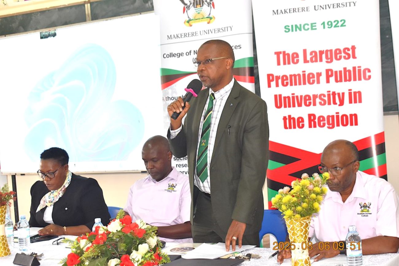 The Deputy Principal, Prof. Juma Kasozi welcoming the freshers to the College. College of Natural Sciences (CoNAS) orientation ceremony to acquaint new students with College structures, academic programmes, services, and, its contribution to the University’s core functions, 6th August 2025, JICA Building, Makerere University, Kampala Uganda, East Africa.