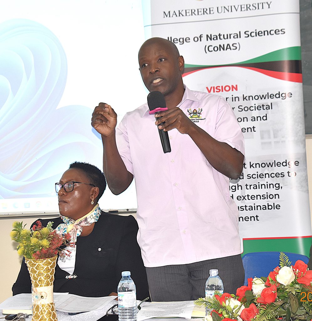 The Dean, School of Physical Sciences, Prof. Michael Owor addressing the freshers about the different departments and programmes in the school. College of Natural Sciences (CoNAS) orientation ceremony to acquaint new students with College structures, academic programmes, services, and, its contribution to the University’s core functions, 6th August 2025, JICA Building, Makerere University, Kampala Uganda, East Africa.