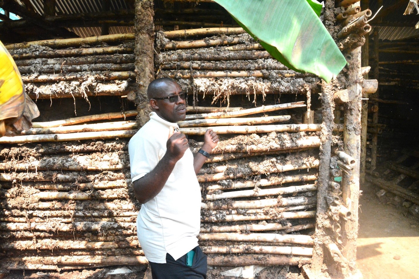 Mr. Mugisha explains the Innovation that has helped him resolve the challenge of waste and odor management on his farm. Regional research initiative “Building Capacity for Innovation and Advancement of Climate Smart Agriculture in East and Southern Africa” (CICSA-E&SA) visited to Mr. Mugisha Jonan, urban farmer and environmentalist in Sentema Wakiso District, adoption of innovative practices redefining the feasibility of farming in densely populated urban settings through the Nutrient Recycling Innovation, CoVAB, Makerere University, Kampala Uganda.