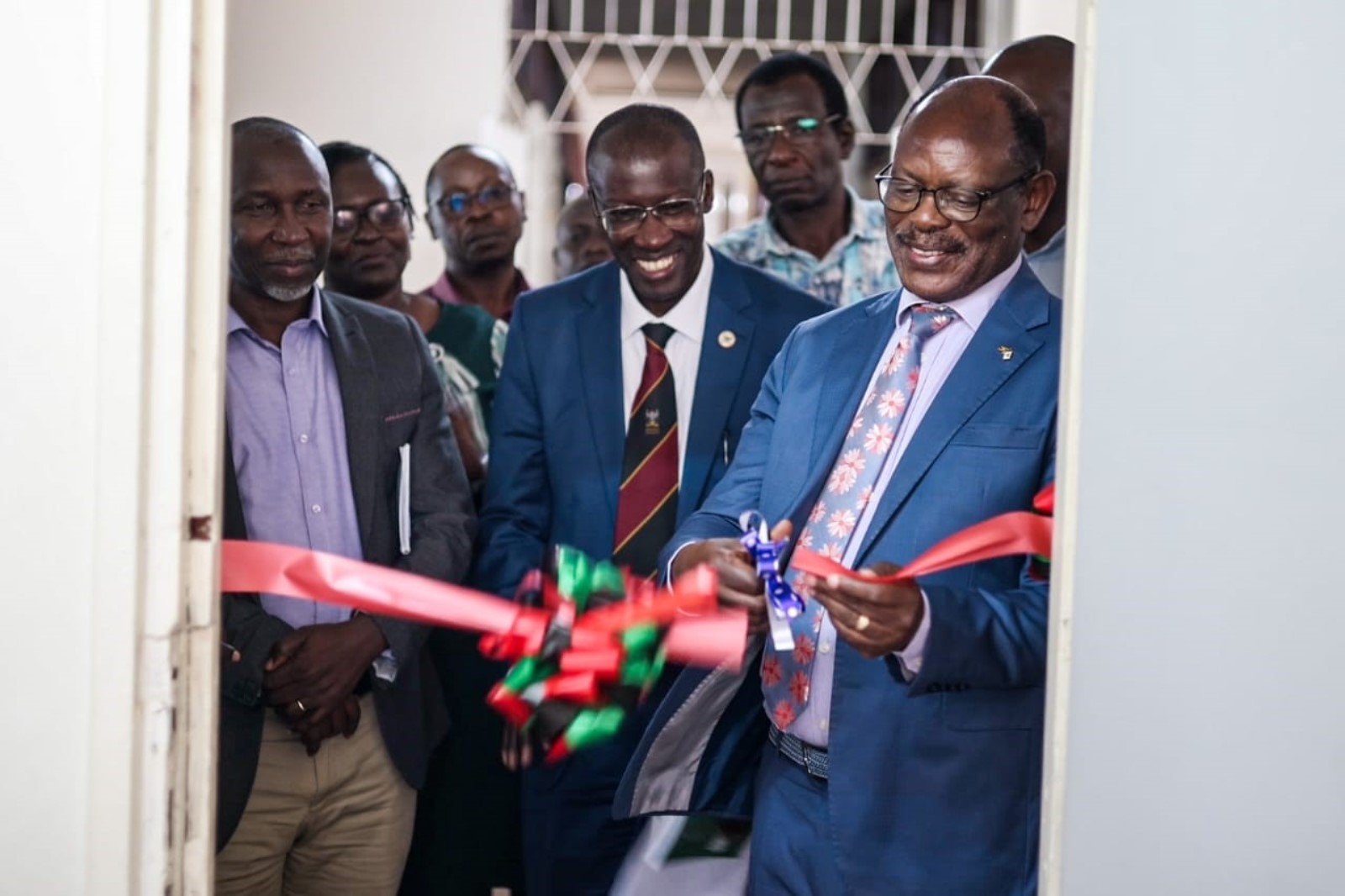 (R-L) VC Makerere University Prof. Barnabas Nawangwe, GLAVmeds' Dr. Johnson Ouma, CoVAB Principal Prof. Frank Norbert Mwiine, CEBIGH's Dr. Enoch Matovu, Dean SBLS, Dr. Claire M. Mugasa, Dean SVAR Prof. Robert Tweyongyere at the commissioning of the RTC Lab at CoVAB on Friday, 1st August 2025. Prof. Barnabas Nawangwe, officially inaugurates newly upgraded Research Centre for Tropical Diseases and Vector Control (RTC) Lab at the College of Veterinary Medicine, Animal Resources and Biosecurity (CoVAB), Monitoring of Ticks and Acaricide Resistance in Uganda (MoTAR) project, with support from the Global Alliance for Livestock Veterinary Medicines (GALVmed), 1st August 2025, Makerere University, Kampala Uganda, East Africa.