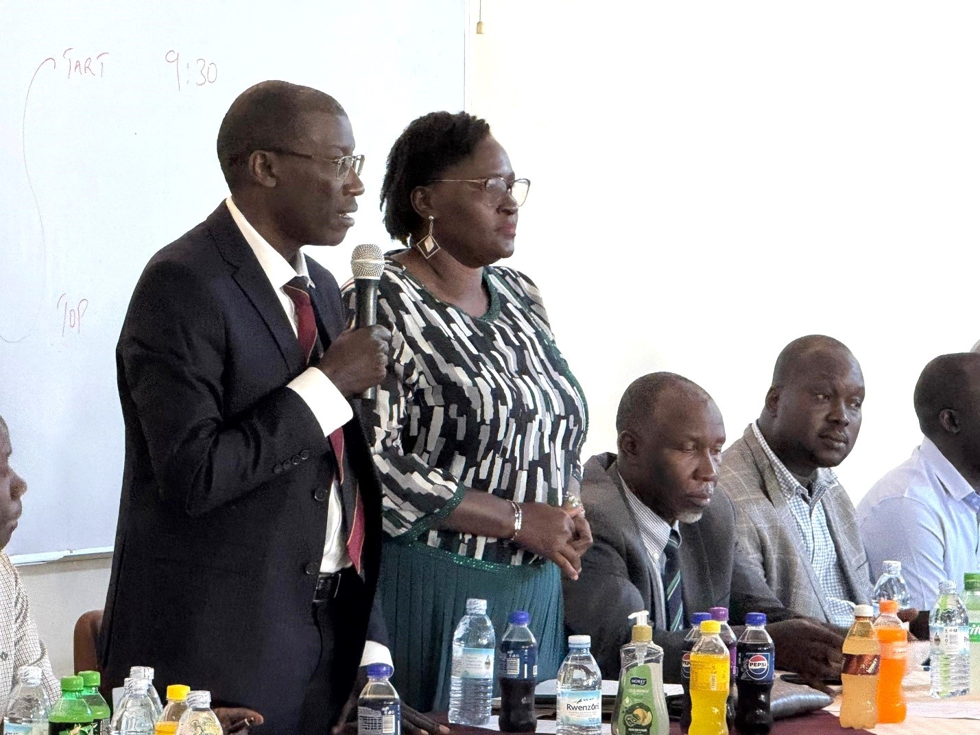 Left to Right: Prof. Frank Norbert Mwiine, Principal of CoVAB; Dr. Claire M. Mugasa, Dean of SBLS; Prof. Robert Tweyongyere, Dean of SVAR; and Mr. Walter Odoch, College Bursar, during the student orientation held on Thursday, 7th August 2025. Orientation to welcome incoming undergraduate students at College of Veterinary Medicine, Animal Resources and Biosecurity (CoVAB), Thursday 7th August 2025, Media Room, CoVAB, Makerere University, Kampala Uganda, East Africa.
