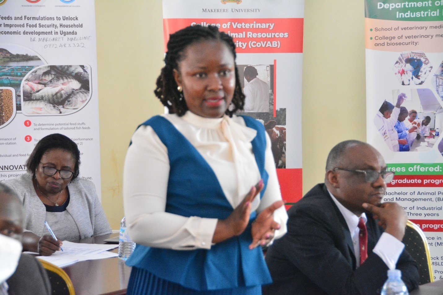 Dr. Dorothy Nampanzira, Head, LIR Department gave opening remarks. Right is Prof. Anthony Mugisha, Left, Dr. Rose Azuba, the facilitator of the stakeholder meeting. College of Veterinary Medicine, Animal Resources and Biosecurity (CoVAB) officially launches pioneering taught PhD program in Livestock Development and Planning, marking a significant leap forward in agricultural education and research in Uganda, 14th August 2025, Makerere University, Kampala, East Africa.