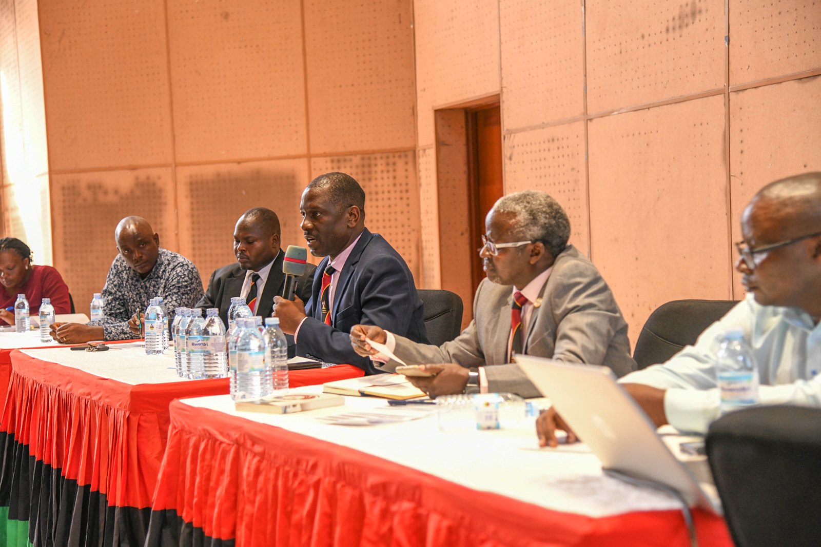 Left to Right: Ms. Caroline Nannono Jjingo, Dr. Mike Barongo, Dr. Kizito Ongaya, Prof. Julius Kikooma, Dr. William Tayeebwa and Dr. Godfrey Kawooya Kubiriza respond to questions from Postgraduate Students. Orientation for Postgraduate students held at the Yusuf Lule Central Teaching Facility Auditorium on 11th August 2025, Makerere University, Kampala Uganda, East Africa.