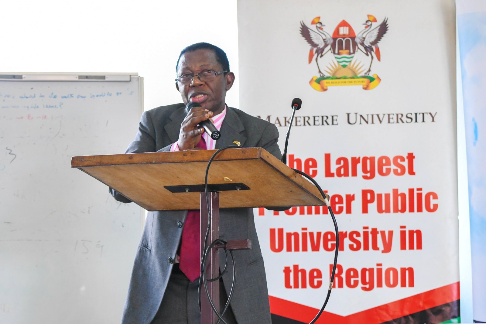 Prof. Buyinza Mukadasi makes his remarks. Comprehensive capacity-building and retooling workshop for all Heads of Department (HoDs) organized under the office of the Deputy Vice Chancellor, Academic Affairs (DVCAA) August 5, 2025, Senate Conference Hall, Makerere University, Kampala Uganda, East Africa.