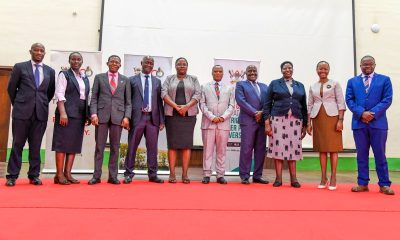 The Chair of the Search Committee, Prof. Fred Masagazi Masaazi (4th Right) with members of the Search Committee for the Position of First Deputy Vice Chancellor and the candidate-Prof. Sarah Ssali (2nd Right). Public presentation by Prof. Sarah Ssali, candidate vying for the position of First Deputy Vice Chancellor (DVC) for Academic Affairs, under the theme “Strengthening the Teaching–Research Nexus to Deliver High-Quality Graduates for Africa’s Transformation”, 25th August 2025, Main Hall, Main Building, Makerere University, Kampala Uganda, East Africa.