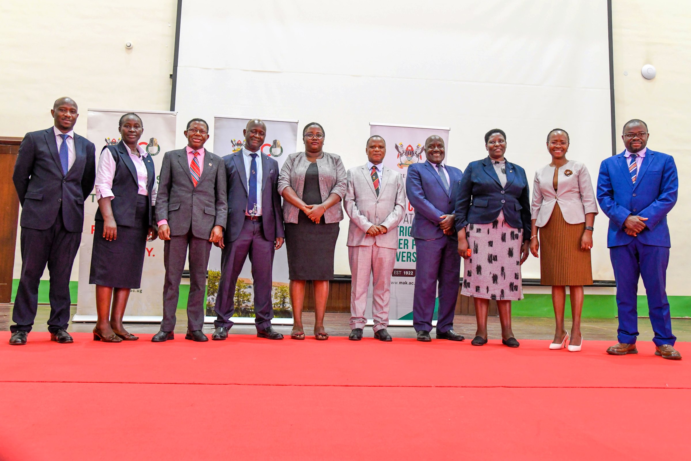 The Chair of the Search Committee, Prof. Fred Masagazi Masaazi (4th Right) with members of the Search Committee for the Position of First Deputy Vice Chancellor and the candidate-Prof. Sarah Ssali (2nd Right). Public presentation by Prof. Sarah Ssali, candidate vying for the position of First Deputy Vice Chancellor (DVC) for Academic Affairs, under the theme “Strengthening the Teaching–Research Nexus to Deliver High-Quality Graduates for Africa’s Transformation”, 25th August 2025, Main Hall, Main Building, Makerere University, Kampala Uganda, East Africa.
