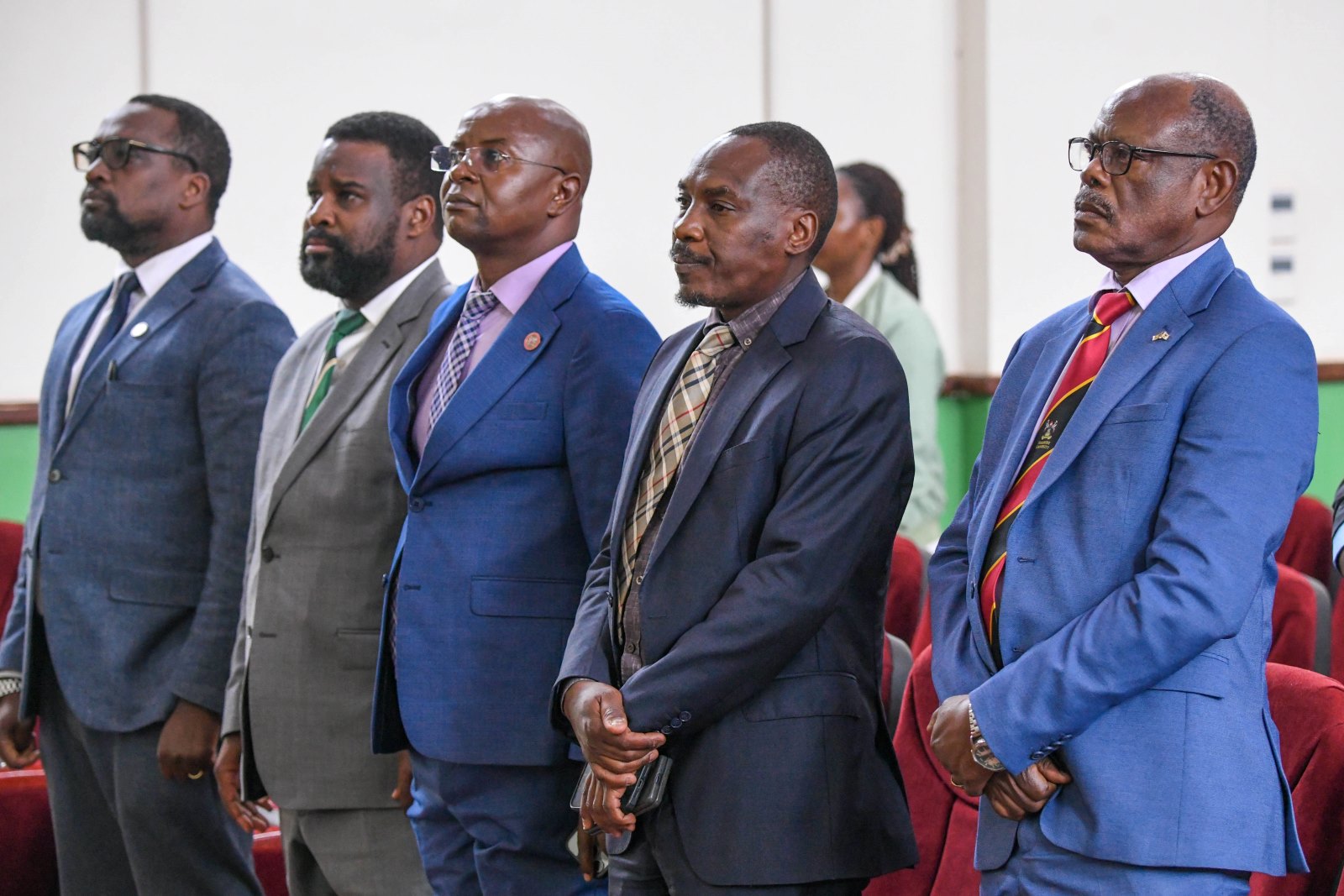 The Vice Chancellor-Prof. Barnabas Nawangwe (Right) with Members of Management at the presentation. Public presentation by Prof. Sarah Ssali, candidate vying for the position of First Deputy Vice Chancellor (DVC) for Academic Affairs, under the theme “Strengthening the Teaching–Research Nexus to Deliver High-Quality Graduates for Africa’s Transformation”, 25th August 2025, Main Hall, Main Building, Makerere University, Kampala Uganda, East Africa.