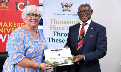 Prof. Barnabas Nawangwe (Right) presents a Makerere Coffee Table book to Prof. Mieke Van Herreweghe during the visit on 27th August 2025. Makerere University hosted a delegation from the Ghent University Association where a student exchange agreement was signed, led by Prof. Mieke Van Herreweghe, Vice Rector of Ghent University. The delegation included representatives from Howest University and Hogent University of Applied Sciences, 27th August 2025 Kampala Uganda, East Africa.