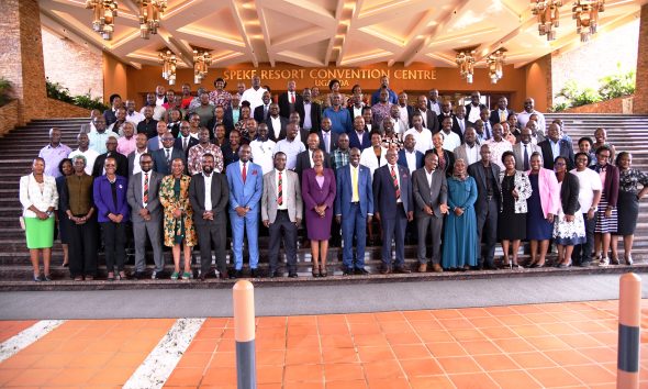 The Vice Chancellor-Prof. Barnabas Nawangwe (10th from Right) with Members of Management and other officials at the Training on 14th August 2025. Top Management Capacity Building Training for Makerere University aimed at building excellence in 21st Century University Leadership at Makerere through two objectives namely; Strategic Budget Mastery and Implementation Excellence, and Comprehensive Management Excellence and Skills Enhancement on 14th August 2025, Speke Resort Munyonyo, Kampala Uganda, East Africa.