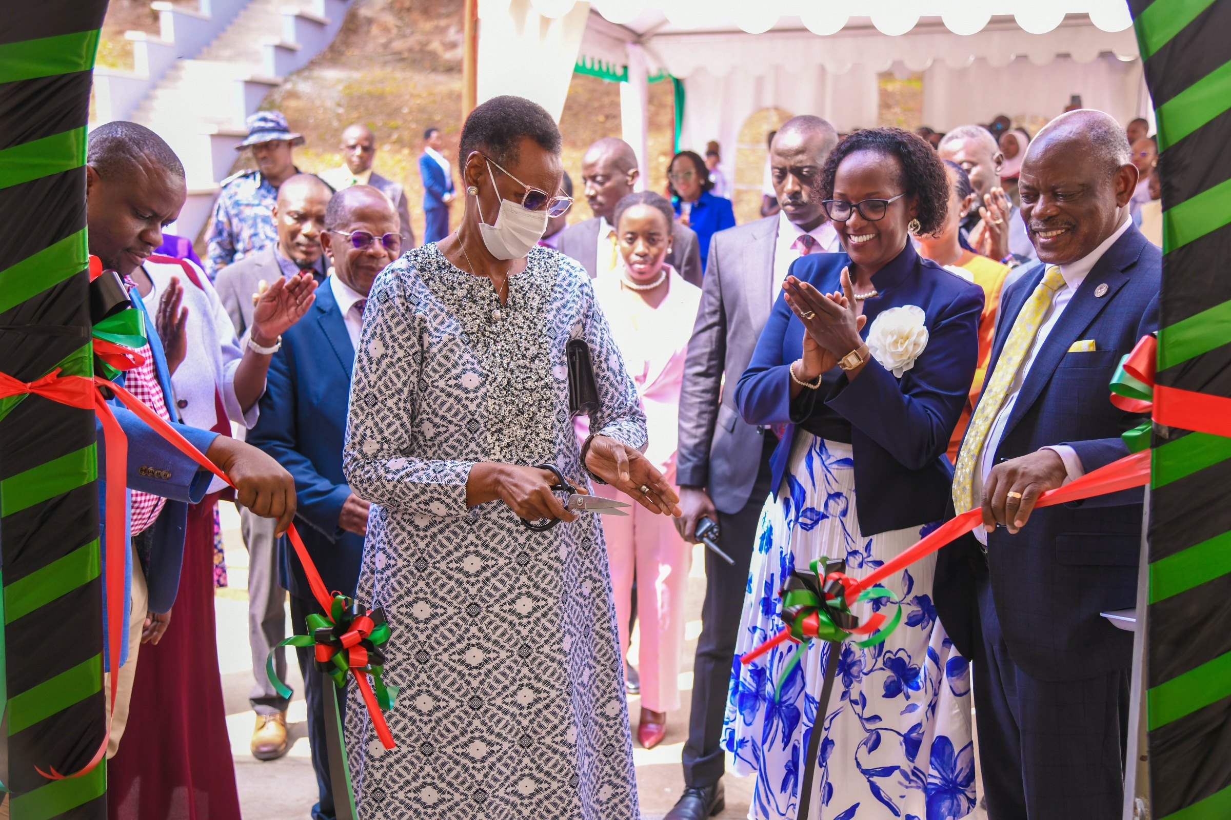 Hon. Janet Kataaha Museveni (2nd Left) flanked by Left to Right: Hon. Balaam Barugahara, Mrs. Lorna Magara and Prof. Barnabas Nawangwe at the official reopening of Mary Stuart Hall on 15th August 2025. First Lady and Minister of Education and Sports, Hon. Janet Kataaha Museveni officially reopened Mary Stuart Hall after a year-long renovation project that cost UGX 10.5 billion, by the National Enterprise Corporation (NEC), August 15, 2025, Makerere University, Kampala Uganda, East Africa.