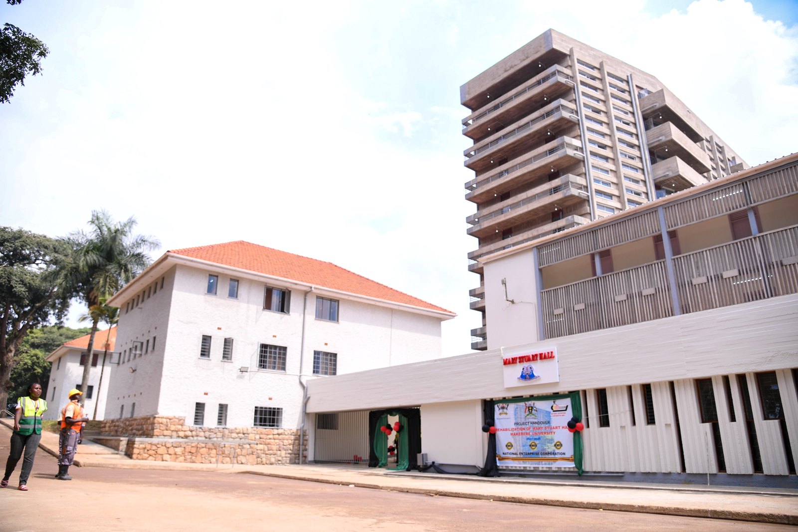 The Mary Stuart Hall as seen from the Western approach. First Lady and Minister of Education and Sports, Hon. Janet Kataaha Museveni officially reopened Mary Stuart Hall after a year-long renovation project that cost UGX 10.5 billion, by the National Enterprise Corporation (NEC), August 15, 2025, Makerere University, Kampala Uganda, East Africa.