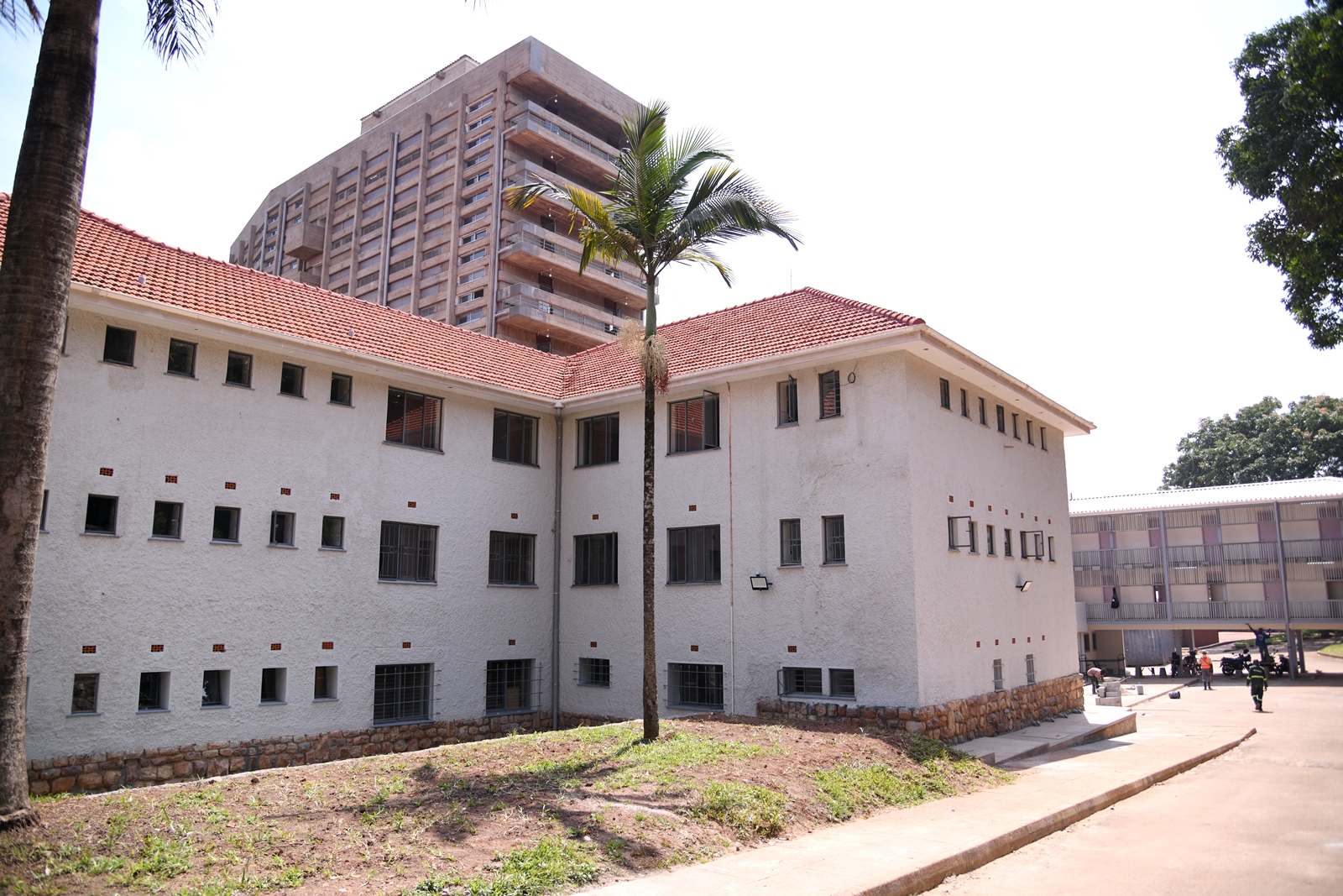 The Mary Stuart Hall as seen from the Eastern approach. First Lady and Minister of Education and Sports, Hon. Janet Kataaha Museveni officially reopened Mary Stuart Hall after a year-long renovation project that cost UGX 10.5 billion, by the National Enterprise Corporation (NEC), August 15, 2025, Makerere University, Kampala Uganda, East Africa.