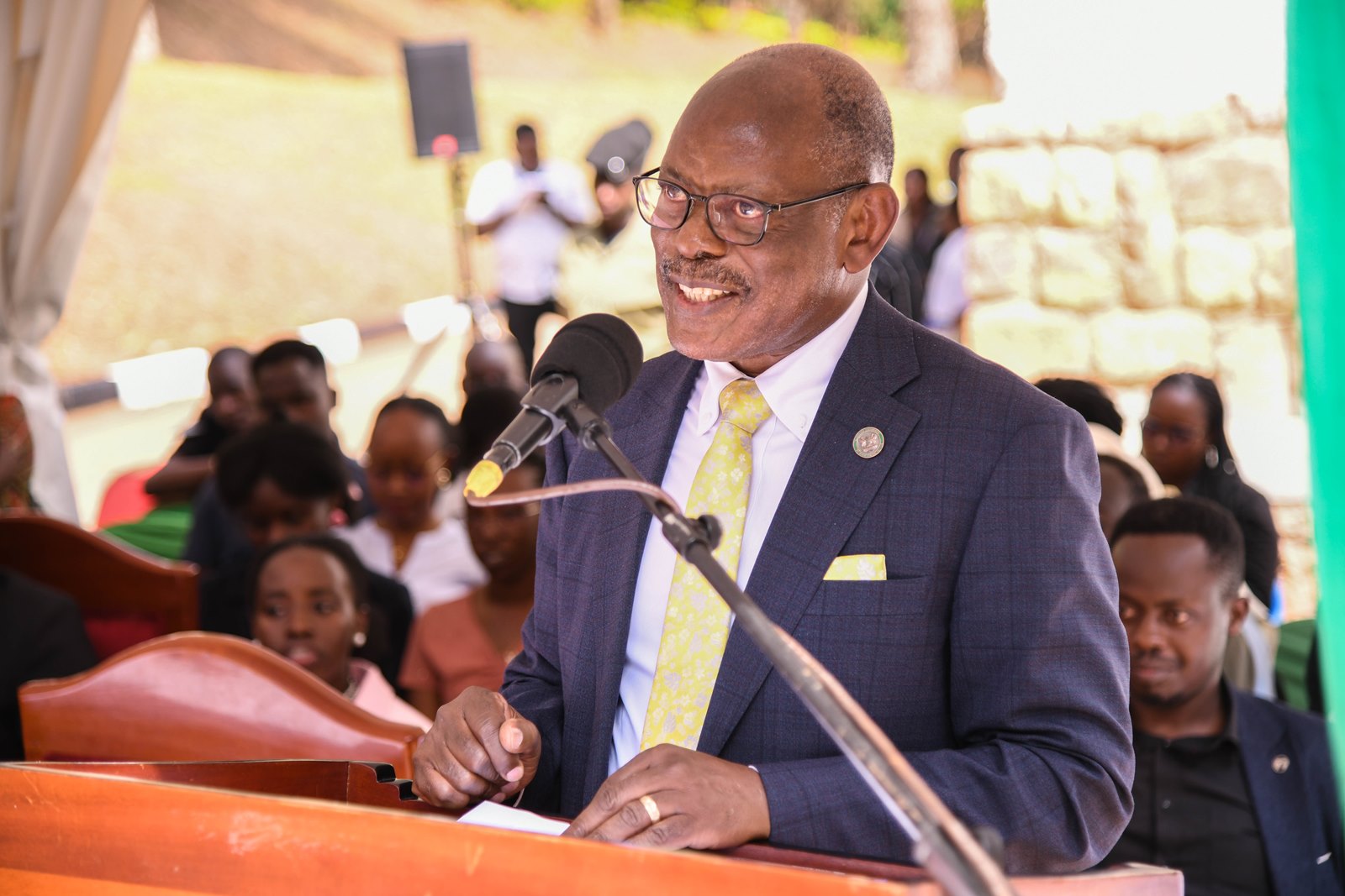 Prof. Barnabas Nawangwe makes his remarks. First Lady and Minister of Education and Sports, Hon. Janet Kataaha Museveni officially reopened Mary Stuart Hall after a year-long renovation project that cost UGX 10.5 billion, by the National Enterprise Corporation (NEC), August 15, 2025, Makerere University, Kampala Uganda, East Africa.