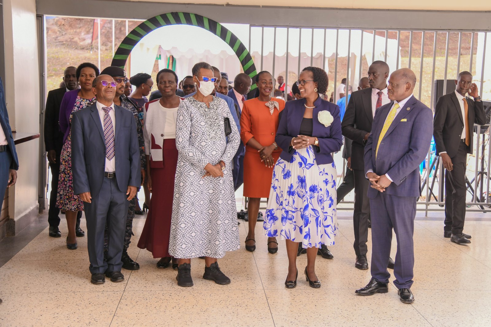 Hon. Janet Kataaha Museveni, Hon. J.C. Muyingo, Dr. Kedrace Turyagyenda and other officials are given a brief tour of Mary Stuart Hall by Mrs. Lorna Magara, Prof. Barnabas Nawangwe and Makerere Leadership. First Lady and Minister of Education and Sports, Hon. Janet Kataaha Museveni officially reopened Mary Stuart Hall after a year-long renovation project that cost UGX 10.5 billion, by the National Enterprise Corporation (NEC), August 15, 2025, Makerere University, Kampala Uganda, East Africa.