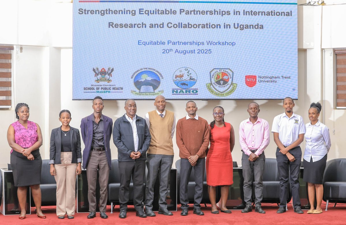 Assoc. Prof. David Musoke, Mr. Awel Uwihanganye, and the MakSPH Equitable Partnerships Project Team during the workshop on equitable partnerships. August 20, 2025. Workshop on Strengthening Equitable Partnerships in International Research Collaboration in Uganda, keynote address by Prof. David Musoke Serwadda,20th August 2025, Makerere University School of Public Health (MakSPH) Auditorium, Kampala Uganda, East Africa.