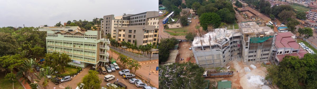 Current MakSPH building (left) and the new eight-storey facility under construction (right) near Eastern gate, Makerere University, developed through strong partnerships, including generous support from the American people via the USAID ASHA Program, to meet the School’s growing space and infrastructure needs.