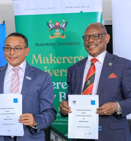 The Vice Chancellor Professor Barnabas Nawangwe (Right) and UNICEF Uganda Representative Dr. Robin Nandy (Left) show off the signed MoU on 14th August 2025. Makerere University (Mak) and United Nations Children’s Fund (UNICEF) Uganda sign MoU that launches a two-year, renewable partnership aimed at advancing child rights and well-being through rigorous research, capacity building, and policy-driven innovation, CFC, MITER, CEES, MakSPH, 14th August 2025, Main Building, Kampala Uganda, East Africa.