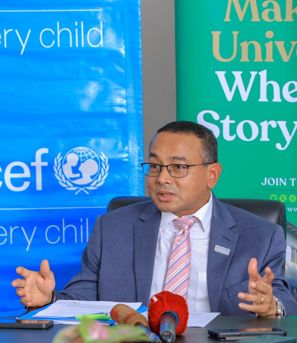 UNICEF Uganda Representative Dr. Robin Nandy speaks to the press shortly after the signing of the MoU at Makerere University. Photo by John Okeya Makerere University (Mak) and United Nations Children’s Fund (UNICEF) Uganda sign MoU that launches a two-year, renewable partnership aimed at advancing child rights and well-being through rigorous research, capacity building, and policy-driven innovation, CFC, MITER, CEES, MakSPH, 14th August 2025, Main Building, Kampala Uganda, East Africa.
