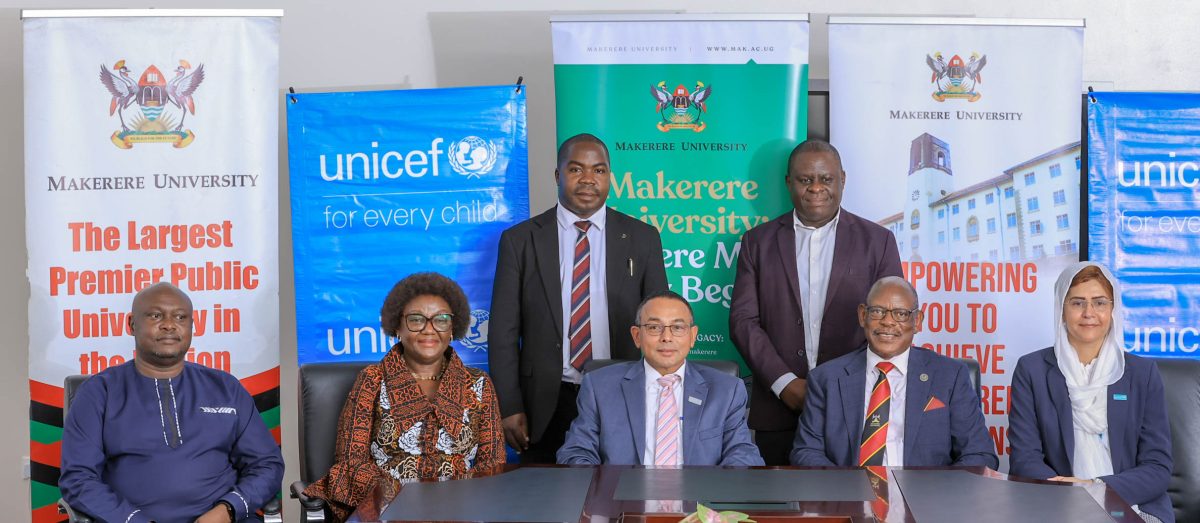 Vice Chancellor Prof. Barnabas Nawangwe and UNICEF Uganda Representative Dr. Robin Nandy with Makerere University faculty at the signing of the MoU. Makerere University (Mak) and United Nations Children’s Fund (UNICEF) Uganda sign MoU that launches a two-year, renewable partnership aimed at advancing child rights and well-being through rigorous research, capacity building, and policy-driven innovation, CFC, MITER, CEES, MakSPH, 14th August 2025, Main Building, Kampala Uganda, East Africa.
