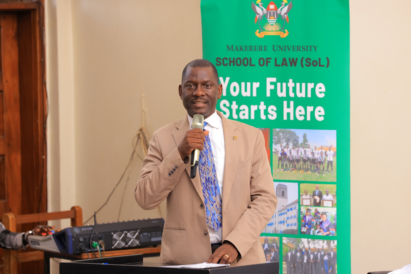 Associate Professor Julius Kikooma. School of Law (SoL) orientation meeting for Master of Laws (LLM) 1st year students facilitated by SoL leadership, Department of Academic Registrar (AR) and Directorate of Graduate Training, 13th August 2025, SoL Auditorium, Makerere University, Kampala Uganda, East Africa.