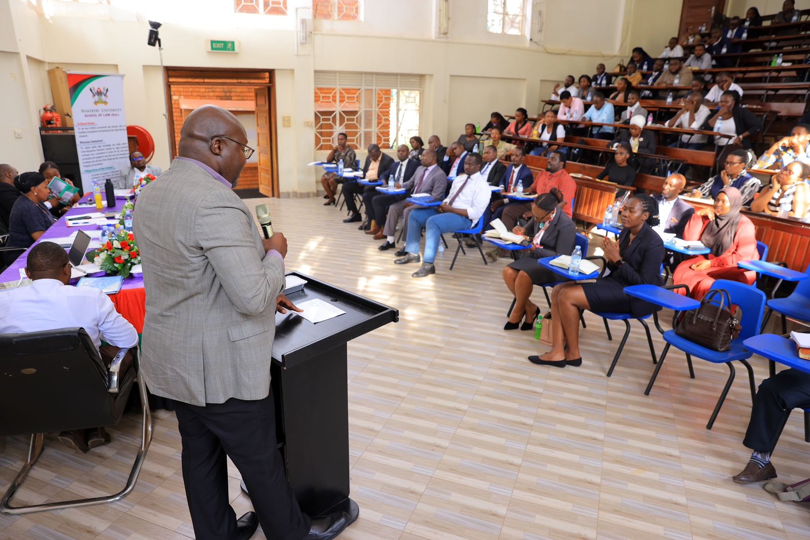 The Dean-SoL, Associate Professor Ronald Naluwairo addresses 1st Year LLM Students during their orientation on 13th August 2025. School of Law (SoL) orientation meeting for Master of Laws (LLM) 1st year students facilitated by SoL leadership, Department of Academic Registrar (AR) and Directorate of Graduate Training, 13th August 2025, SoL Auditorium, Makerere University, Kampala Uganda, East Africa.
