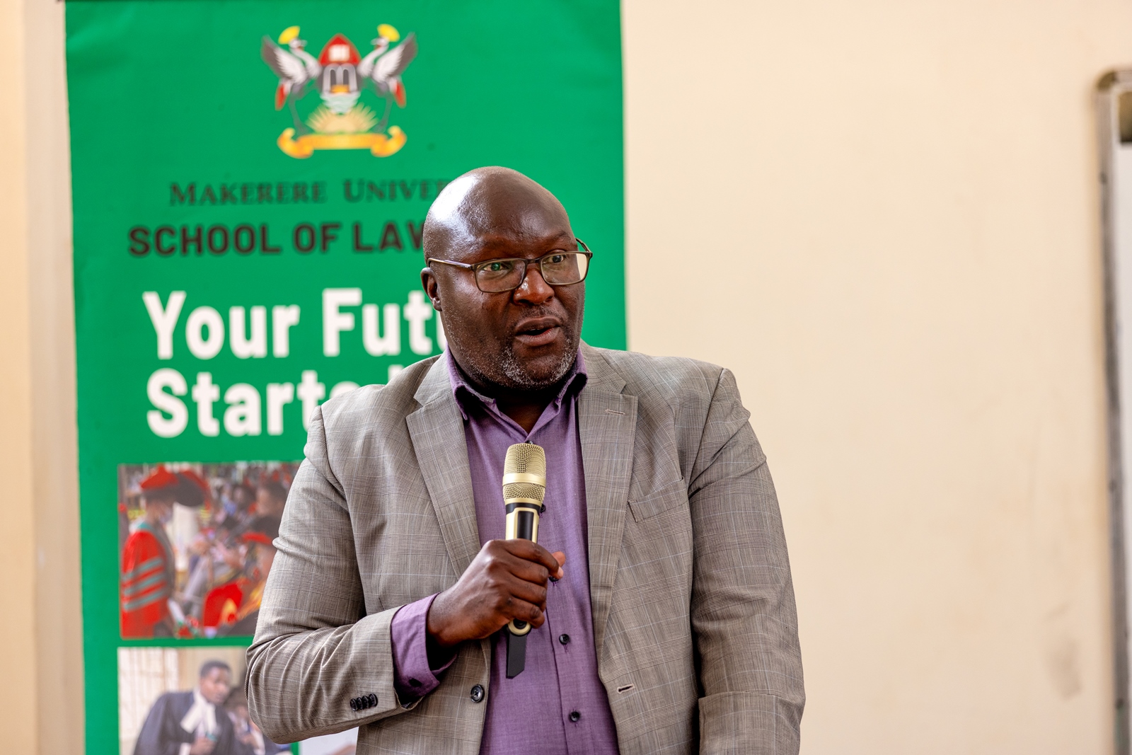 Associate Professor Ronald Naluwairo. School of Law (SoL) orientation meeting for Master of Laws (LLM) 1st year students facilitated by SoL leadership, Department of Academic Registrar (AR) and Directorate of Graduate Training, 13th August 2025, SoL Auditorium, Makerere University, Kampala Uganda, East Africa.