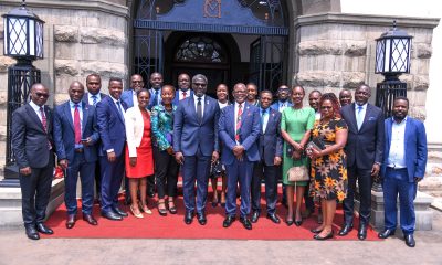 Prof. Barnabas Nawangwe (6th Right) and Mr. Samuel Mwogeza (6th Left) with members of their respective teams after the meeting on 26th August 2025. Makerere University hosts delegation from Stanbic Bank to strengthen their longstanding relationship and explore future collaborations, 26th August 2025, Kampala Uganda, East Africa.