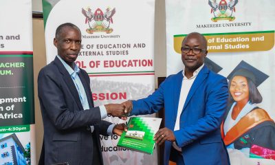 Prof. Anthony Mugagga (Left), Principal of MakCEES exchanging the MoU with Mr. Elijah Okuyo, Country Director, IRC