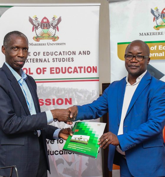 Prof. Anthony Mugagga (Left), Principal of MakCEES exchanging the MoU with Mr. Elijah Okuyo, Country Director, IRC