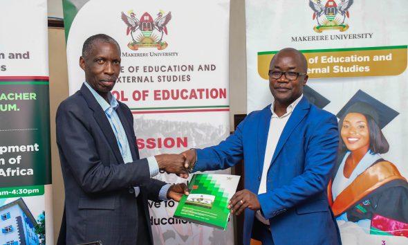 Prof. Anthony Mugagga (Left), Principal of MakCEES exchanging the MoU with Mr. Elijah Okuyo, Country Director, IRC