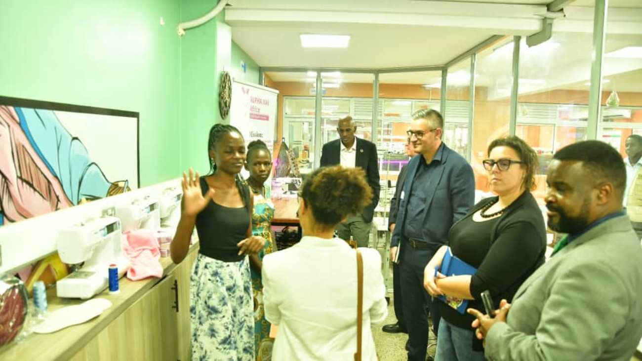 The delegation tours the Textile Lab, Mak UniPod. Delegation from the Belgian Embassy in Uganda, accompanied by representatives from ENABEL and the United Nations Development Programme (UNDP) visit to the Makerere University Innovation Pod (Mak UniPod), 1st September 2025, Kampala, East Africa.