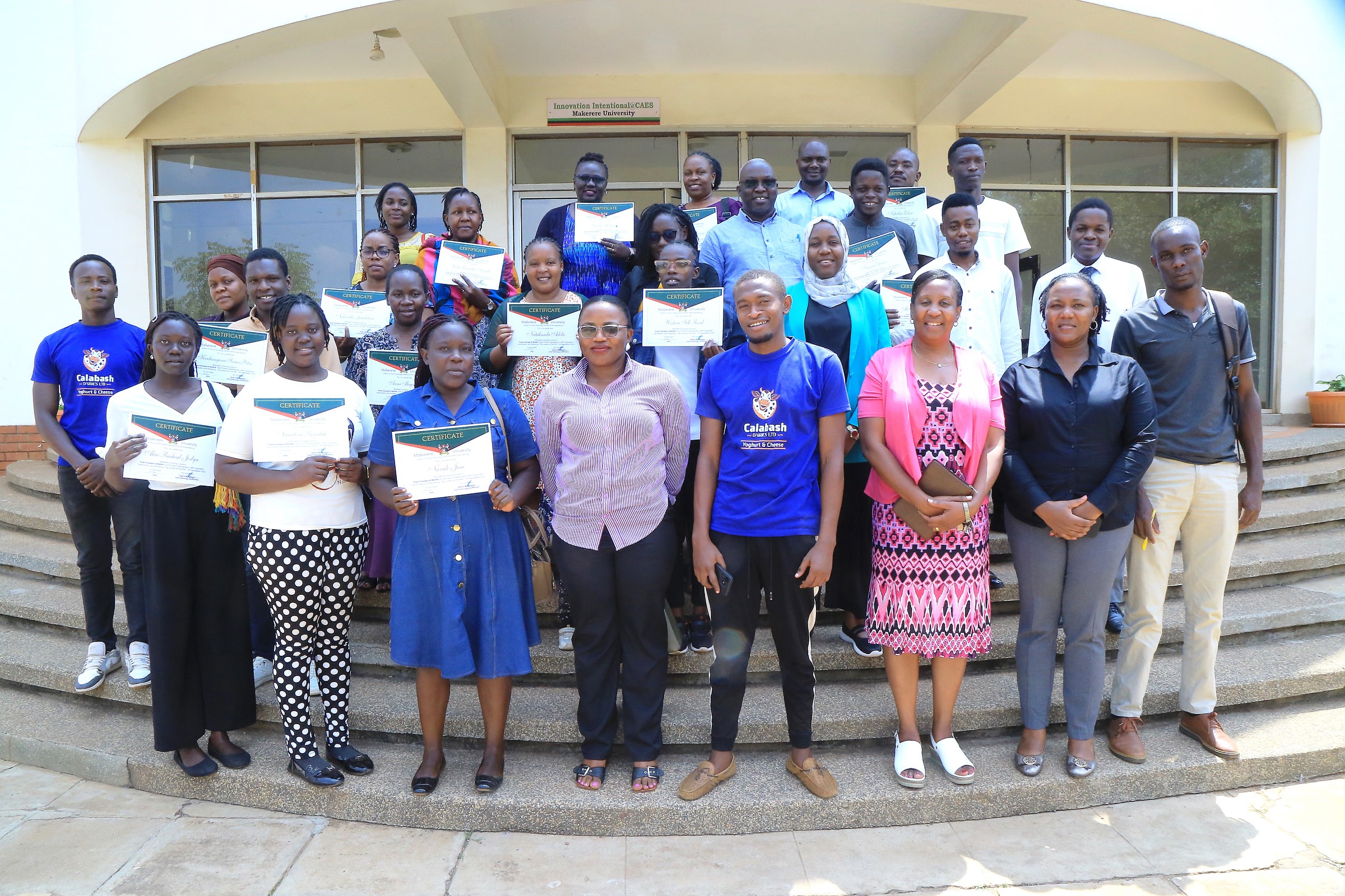 Some of the processors who participated in the training with the Dean of the SFTNB, Dr. Julia Kigozi (3rd R) and the team from the Department of Food Techology and Nutrition at CAES, led by Dr Robert Mugabi. Department of Food Technology and Nutrition (DFTN) school-based nutrition awareness campaigns, diagnostic pre-visits to local food processors, and an intensive two-day hands-on training workshop held from 8th–9th September 2025 at the School of Food Technology, Nutrition, and Bioengineering (SFTNB), College of Agricultural and Environmental Sciences (CAES), Makerere University, Kampala Uganda, East Africa.