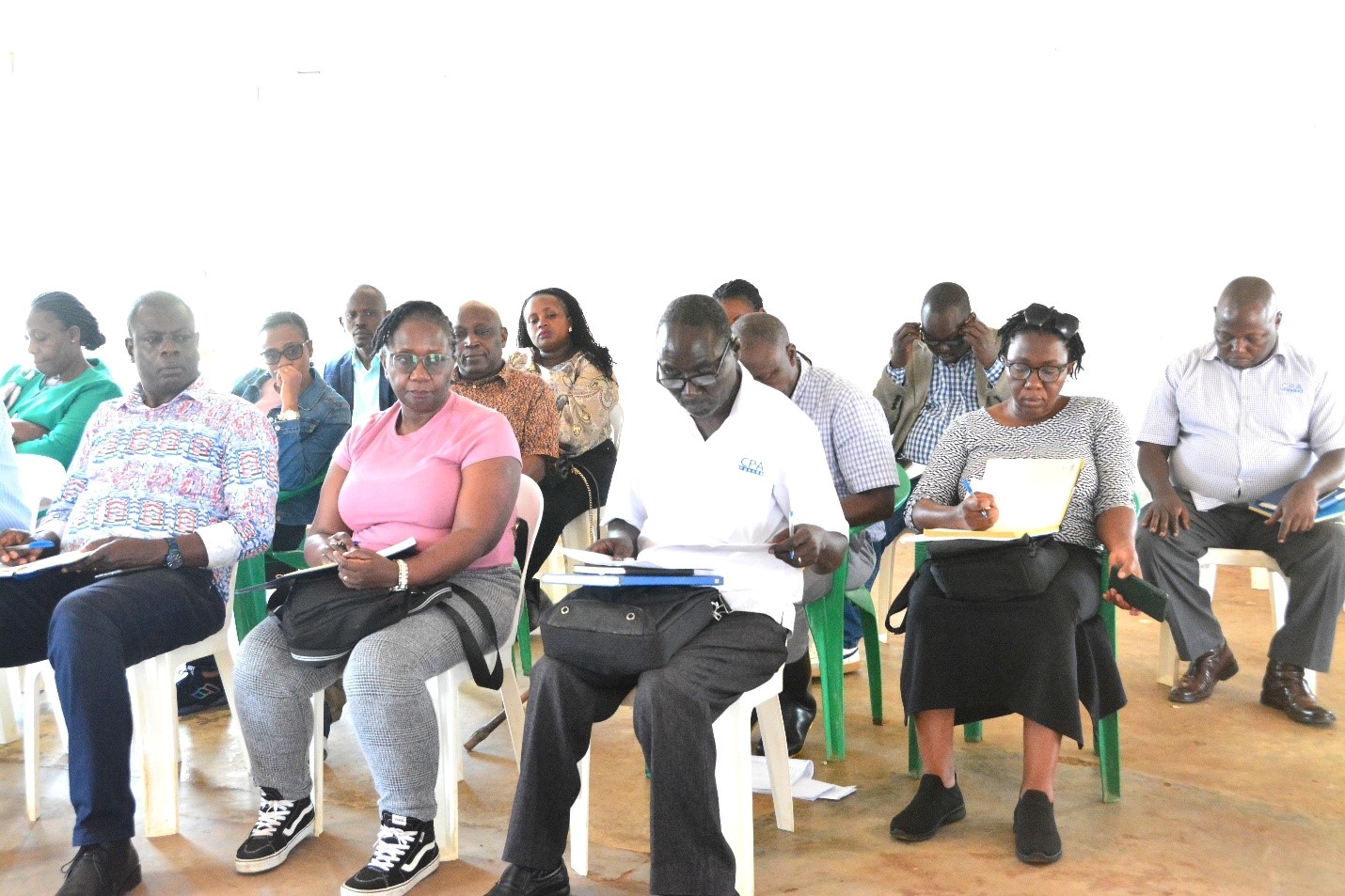 A section of the College and Audit Committee members during a de brief meeting following the inspection of facilities at Buyana. Farm Manager Buyana Stock Farm under College of Veterinary Medicine, Animal Resources and Biosecurity (CoVAB), Makerere University, Kampala Uganda, East Africa, handover of leadership from Dr. Mathias Wasswa to Ms. Nansubuga Frances in Mpigi District, 28th August 2025.