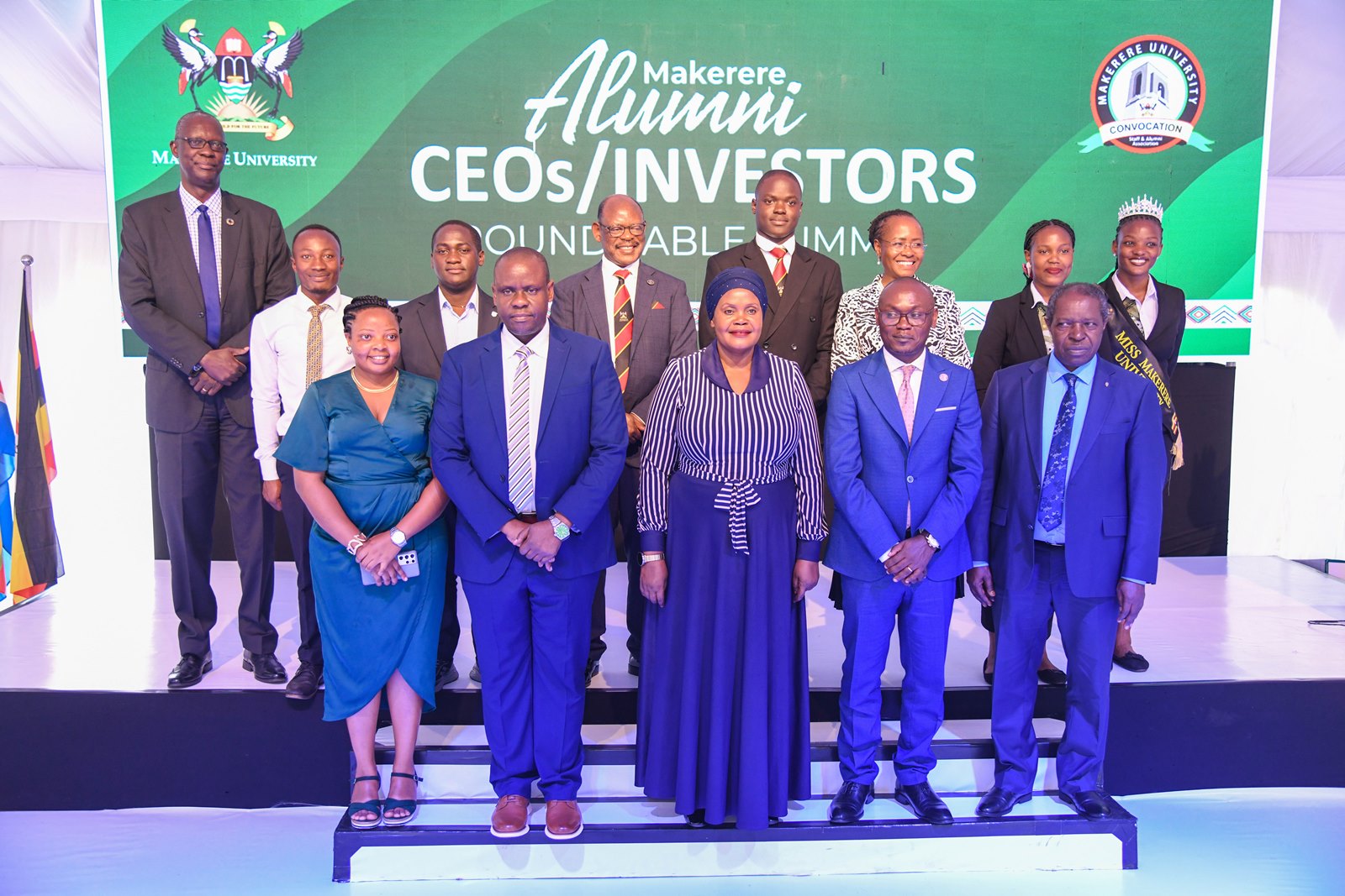 Current and Former Guild Leaders including Mr. Wilbrod Owor (CEO, Uganda Bankers Association) pose for a group photo with dignitaries. Makerere University Convocation (MUC) first-ever CEOs/Investors’ Round Table Summit, 2nd September 2025, Convocation House, Edge Road, Kampala Uganda, East Africa.