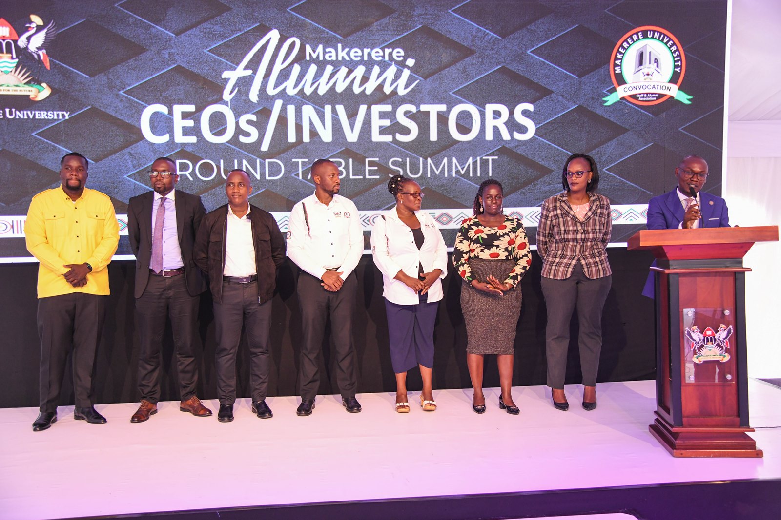 CPA George Turyamureeba (Right) and Ms. Grace Cherotich Ruto (2nd Right) and members of the Convocation Team. Makerere University Convocation (MUC) first-ever CEOs/Investors’ Round Table Summit, 2nd September 2025, Convocation House, Edge Road, Kampala Uganda, East Africa.