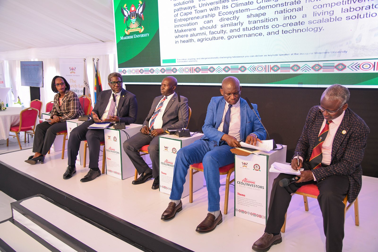 Panelists from Left to Right: Ms. Grace Cherotich Ruto, Mr. Samuel Mwogeza, Mr. Peter Sibukule and Mr. Clovice Bright Irumba with Moderator-Dr. William Tayeebwa. Makerere University Convocation (MUC) first-ever CEOs/Investors’ Round Table Summit, 2nd September 2025, Convocation House, Edge Road, Kampala Uganda, East Africa.