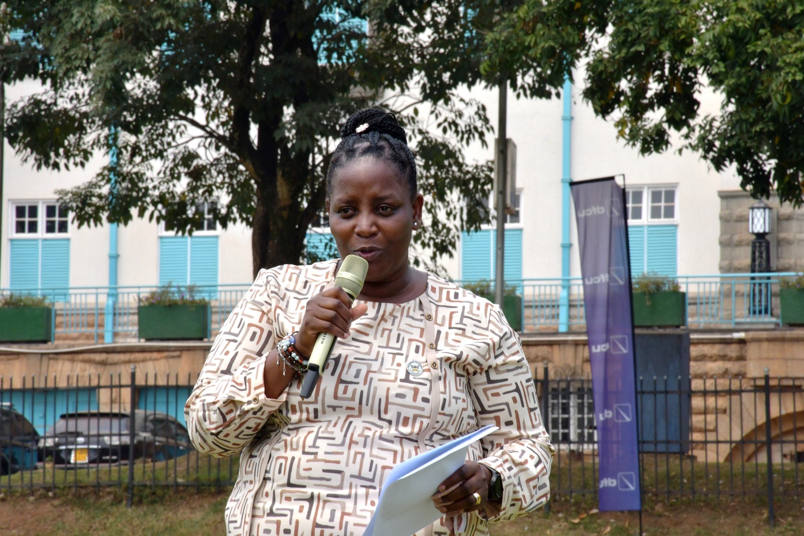 Prof. Helen Nambalirwa Nkabala addressing the gathering on behalf of DVC F&A, Prof. Ireeta. Mastercard Foundation Scholars Community Open Day, September 6, 2025, Freedom Square, Makerere University, Kampala Uganda, East Africa.