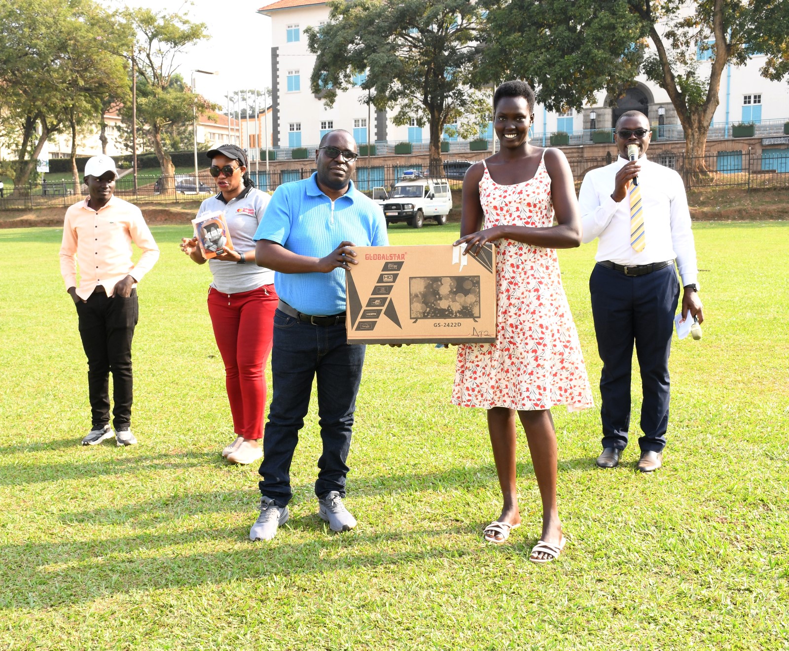 The winner of the grand draw walked away with a flat screen TV. Mastercard Foundation Scholars Community Open Day, September 6, 2025, Freedom Square, Makerere University, Kampala Uganda, East Africa.