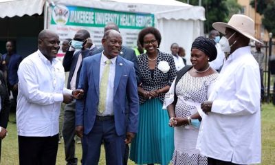 H.E. Yoweri Kaguta Museveni (Right) interacts with officials upon arrival at Makerere University on 8th April 2025. H.E. Yoweri Kaguta Museveni officially flags off the Research and Innovations Week 2025, on 8th April 2025, Freedom Square, Makerere University, Kampala Uganda, East Africa.