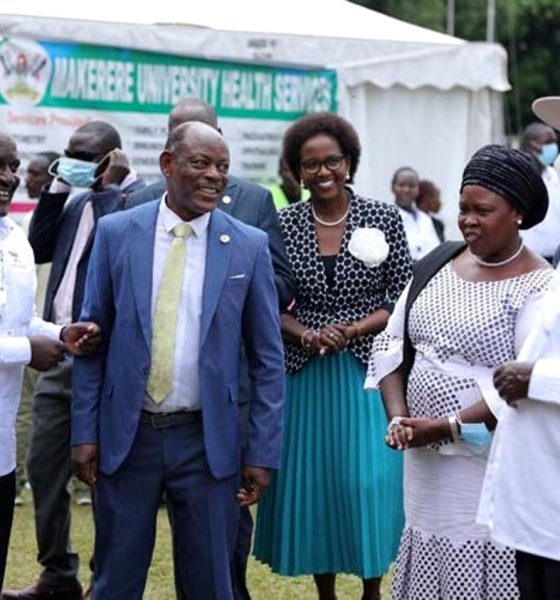 H.E. Yoweri Kaguta Museveni (Right) interacts with officials upon arrival at Makerere University on 8th April 2025. H.E. Yoweri Kaguta Museveni officially flags off the Research and Innovations Week 2025, on 8th April 2025, Freedom Square, Makerere University, Kampala Uganda, East Africa.