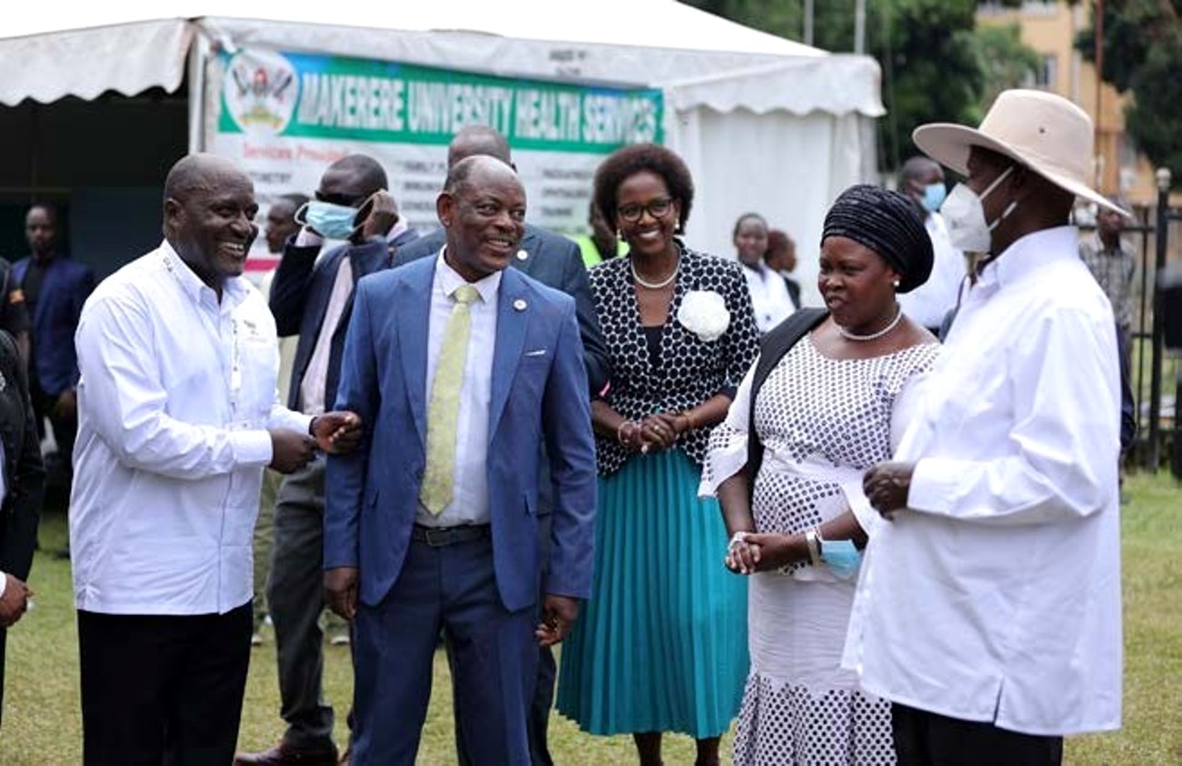 H.E. Yoweri Kaguta Museveni (Right) interacts with officials upon arrival at Makerere University on 8th April 2025. H.E. Yoweri Kaguta Museveni officially flags off the Research and Innovations Week 2025, on 8th April 2025, Freedom Square, Makerere University, Kampala Uganda, East Africa.